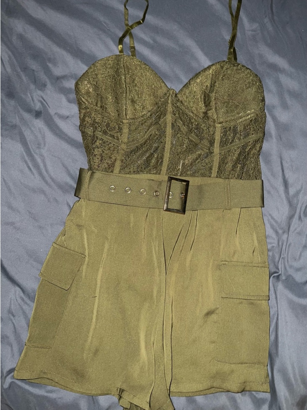 Olive Lace Bust Utility Romper with Belted Waist